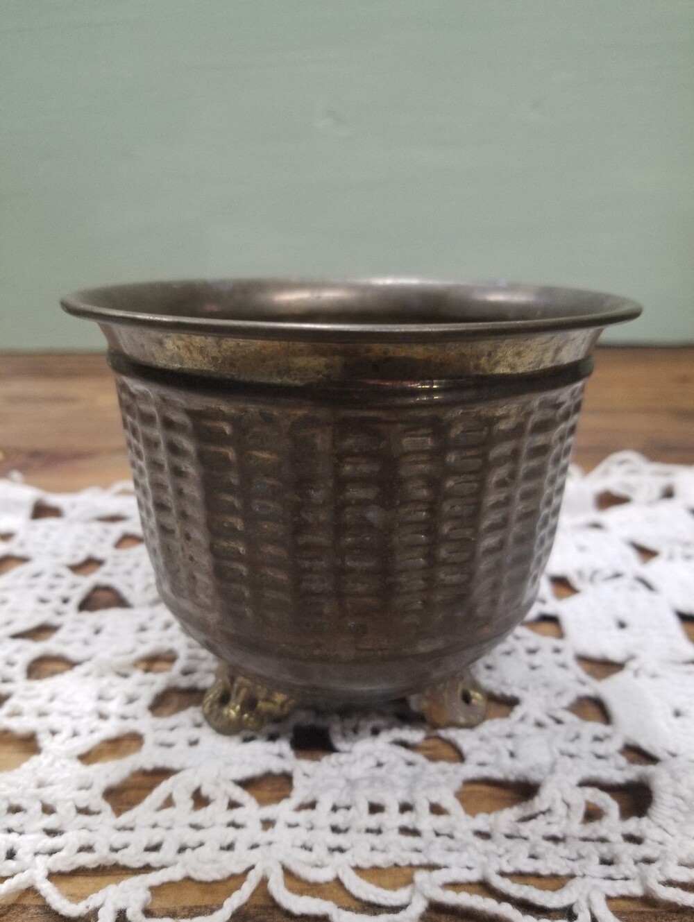 Vintage Brass Footed Planter Woven Basket Pattern India